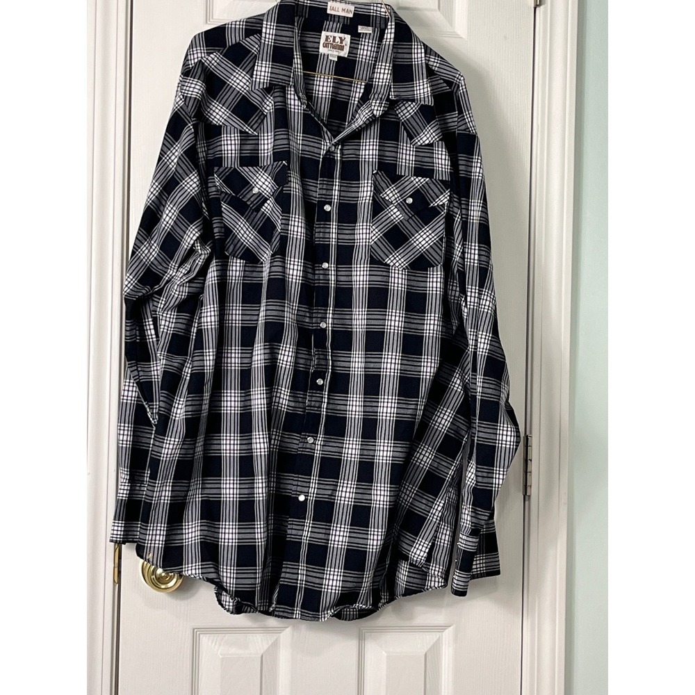 Ely Cattleman Western Shirt Mens XXLT Black White Excellent Plaid Pearl Snap